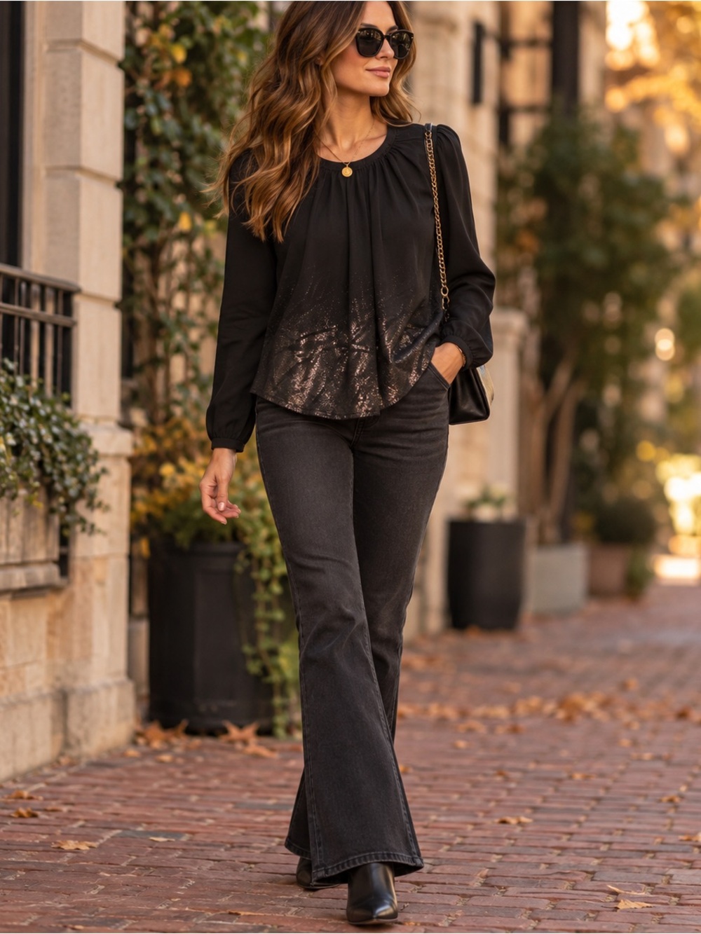 Cloth & Stone Black Metallic Ombre Long Sleeve Blouse Top XS